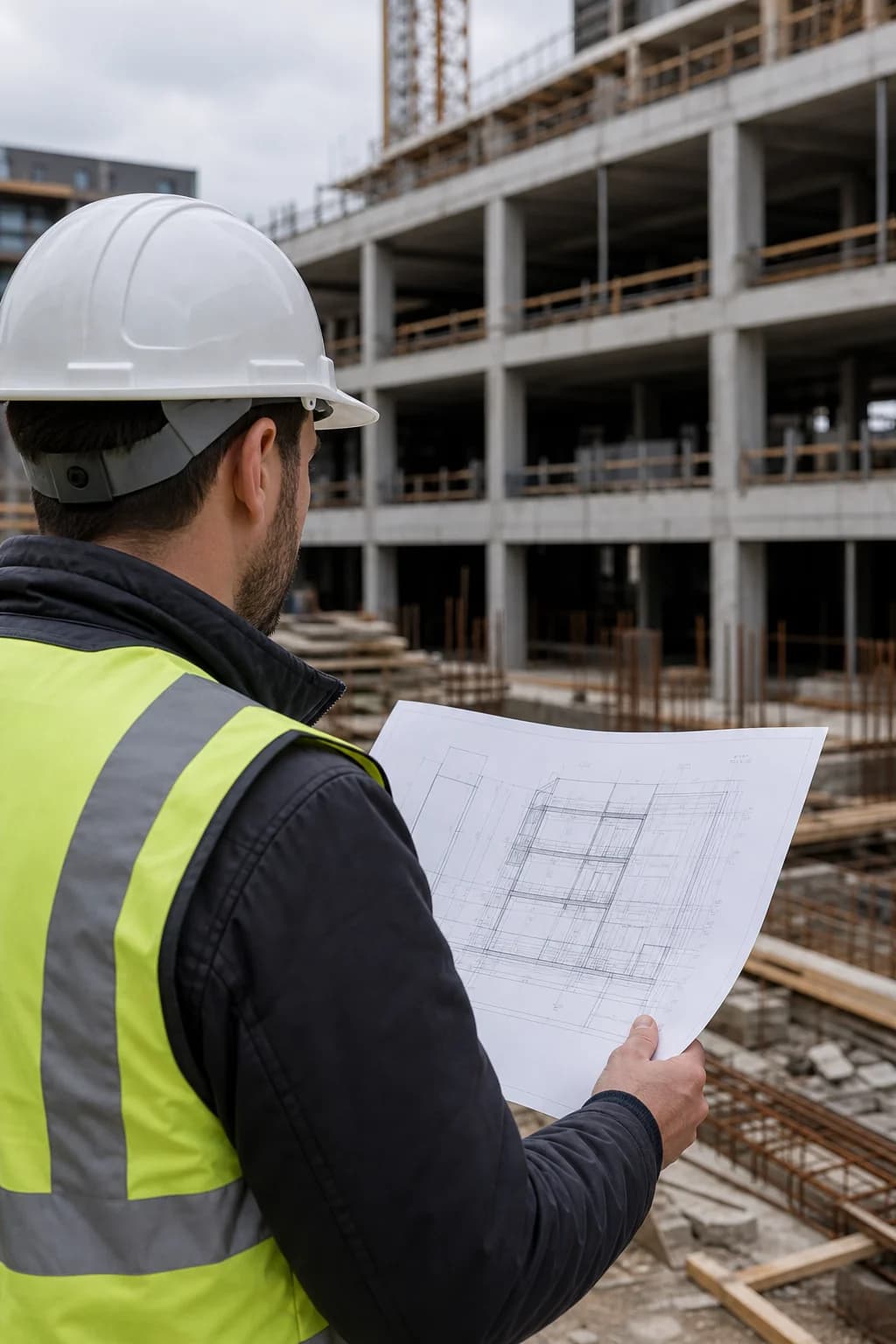 Site manager reviewing drawings on a London construction site